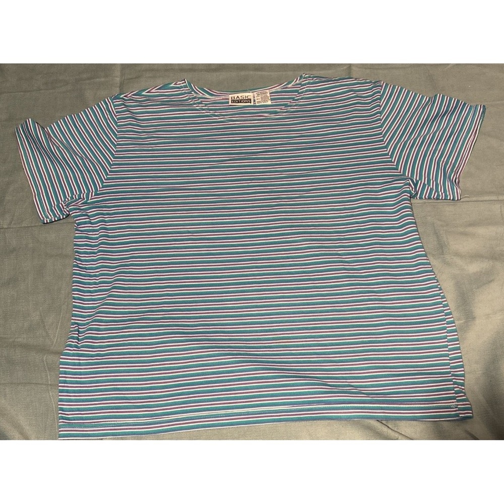 Basic Editions Striped T-Shirt Womens Medium Teal Purple White Short Sleeve Tee